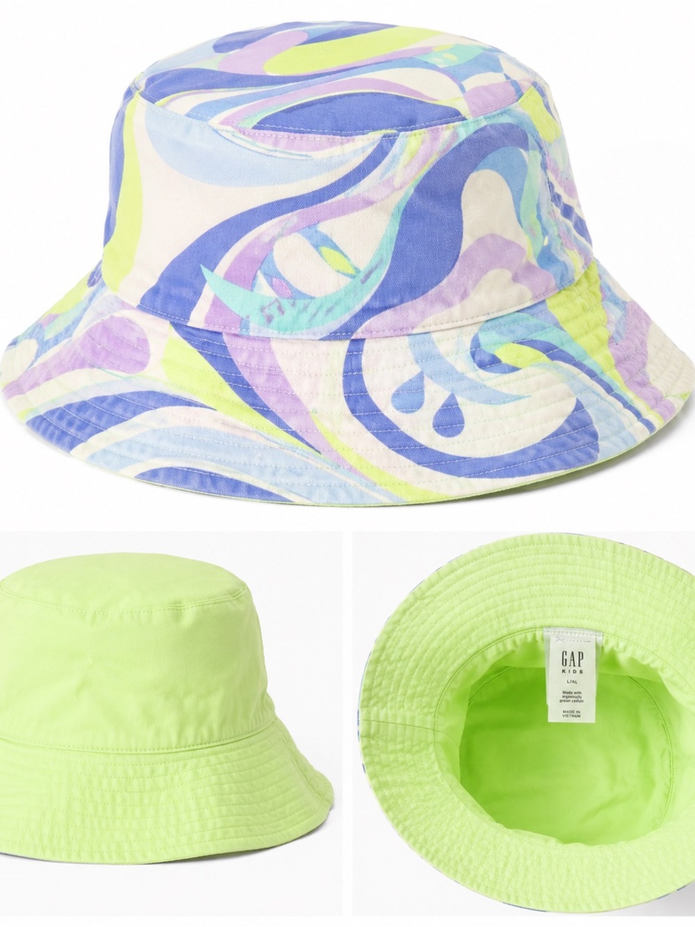 Gap Kids Reversible Bucket Hat L/XL Pastel Psychedelic Print Neon Green